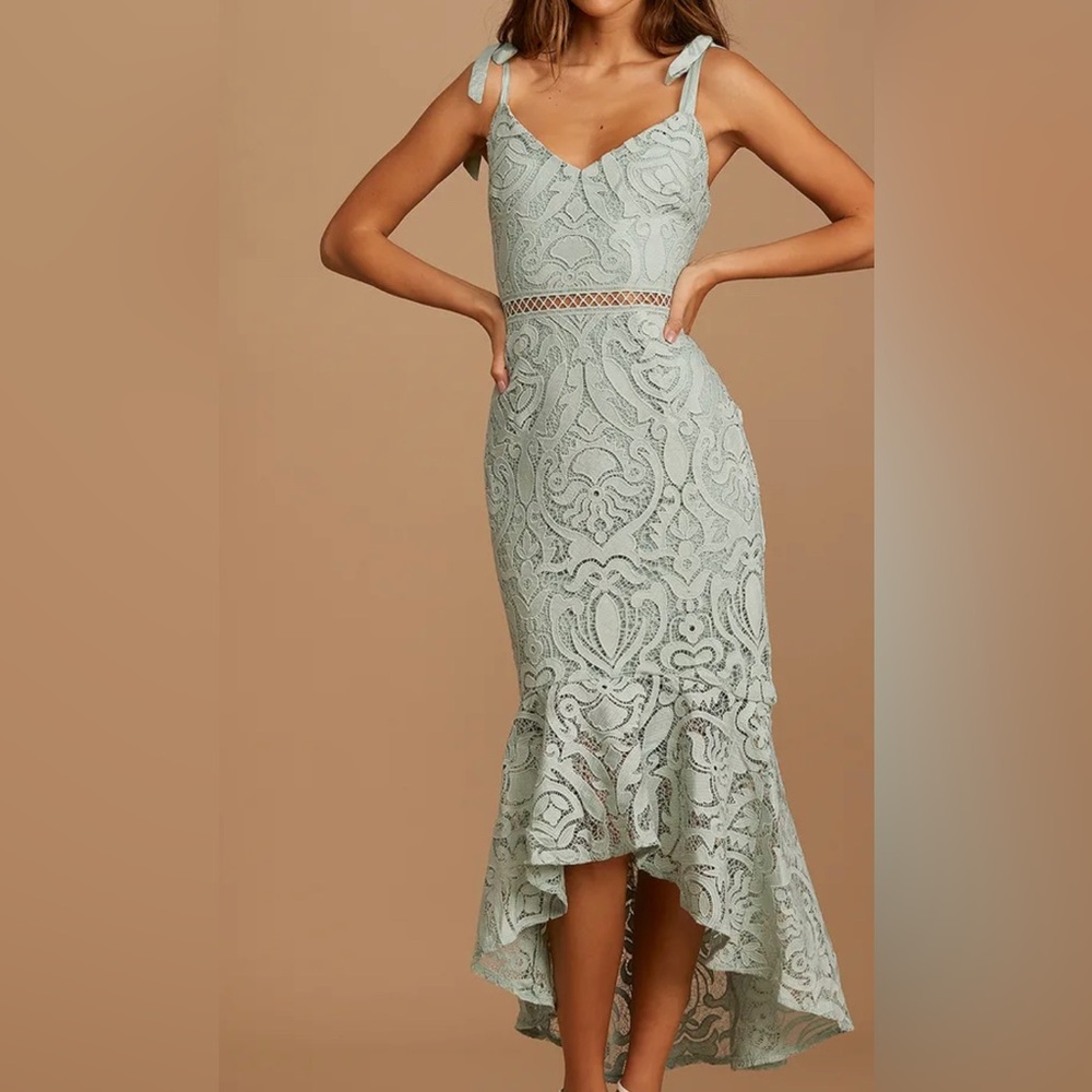 Won Your Heart Sage Green Lace Tie-Strap High-Low Midi Dress